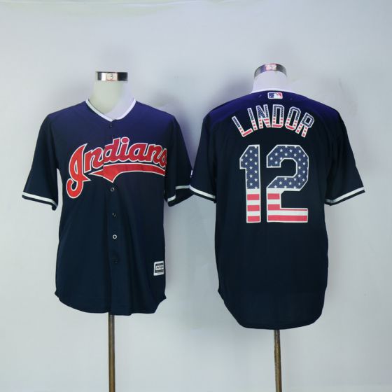 Men Cleveland Indians #12 Francisco Lindor Blue USA Flag Fashion MLB Jerseys->cleveland indians->MLB Jersey